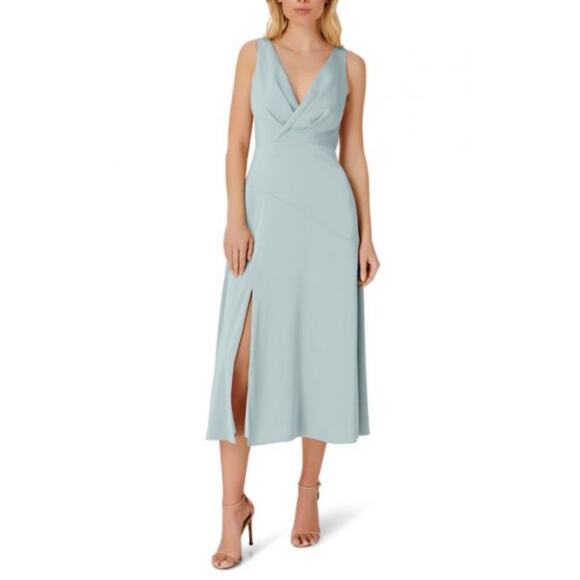 NEW Aidan Mattox V Neck Satin Midi Dress Size 16 Pleated Blue Green Pockets - Picture 1 of 12